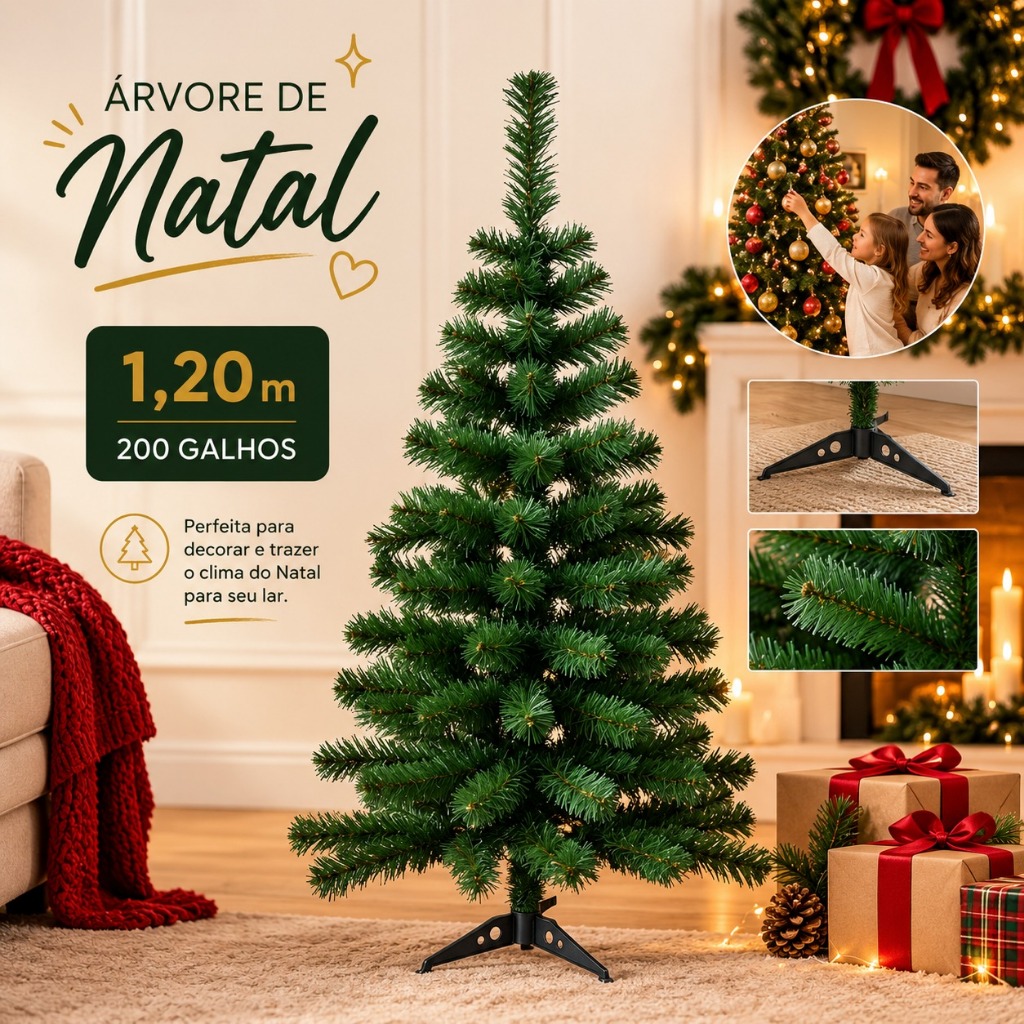 Árvore de Natal Verde 1,20m 200 Galhos Pé Plástico Decoração Natalina Natal Premium