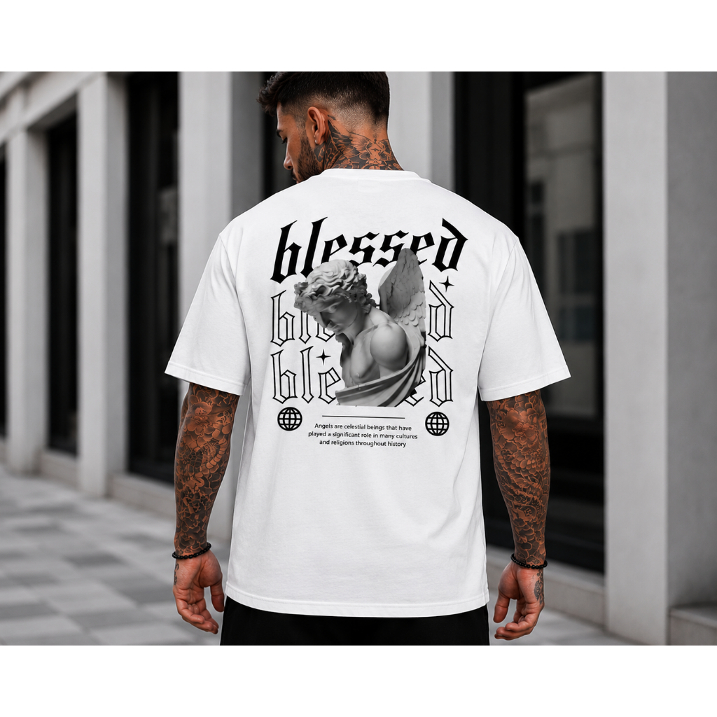 Camiseta Oversized Blessed Anjo Streetwear Unissex 100% Algodão Estampa Costas Moda Urbana Masculina Feminina