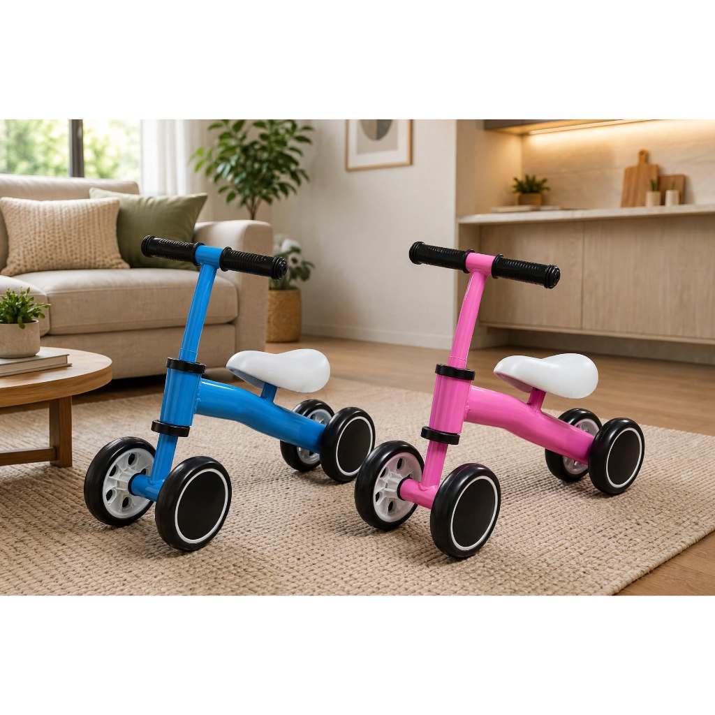 Bicicleta de Equilíbrio Infantil e Desenvolvimento Infantil com 4 Rodas Largas Assento Confortável nas cores Rosa e Azul
