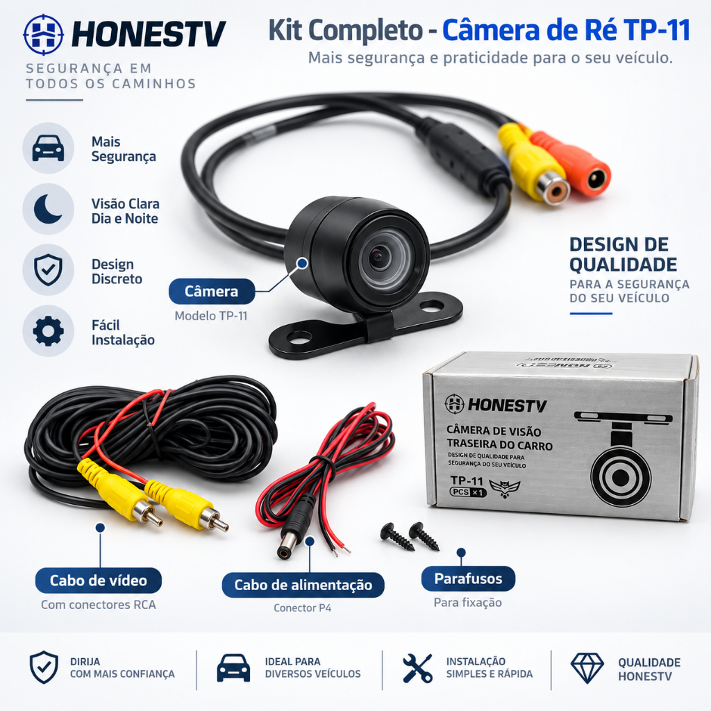 Câmera de Ré Universal TP-11 12V com Cabo RCA Automotiva + parafuso fixação