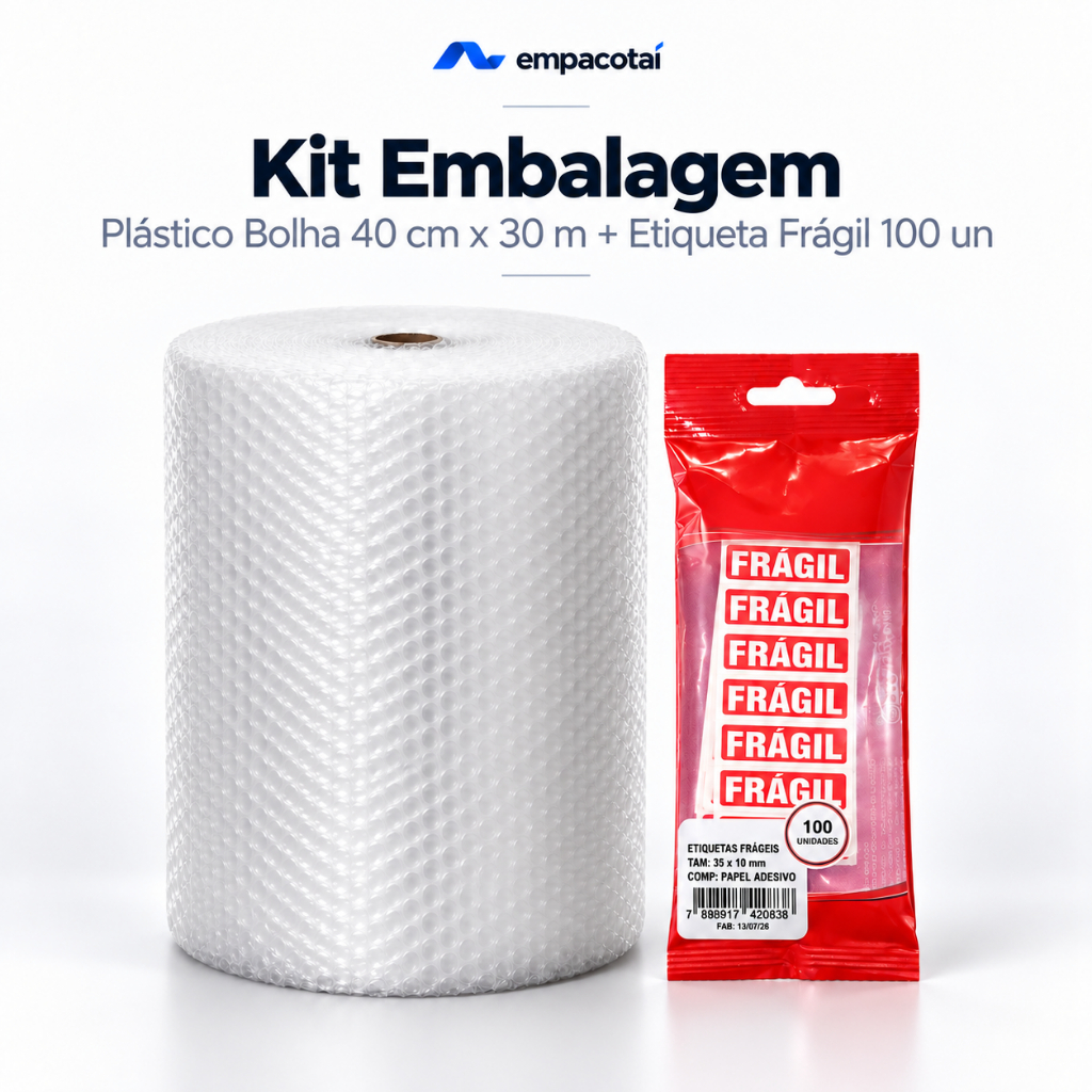 Kit Embalagem Frágil Plástico Bolha 40cm x 30m + 100 Etiquetas Frágil