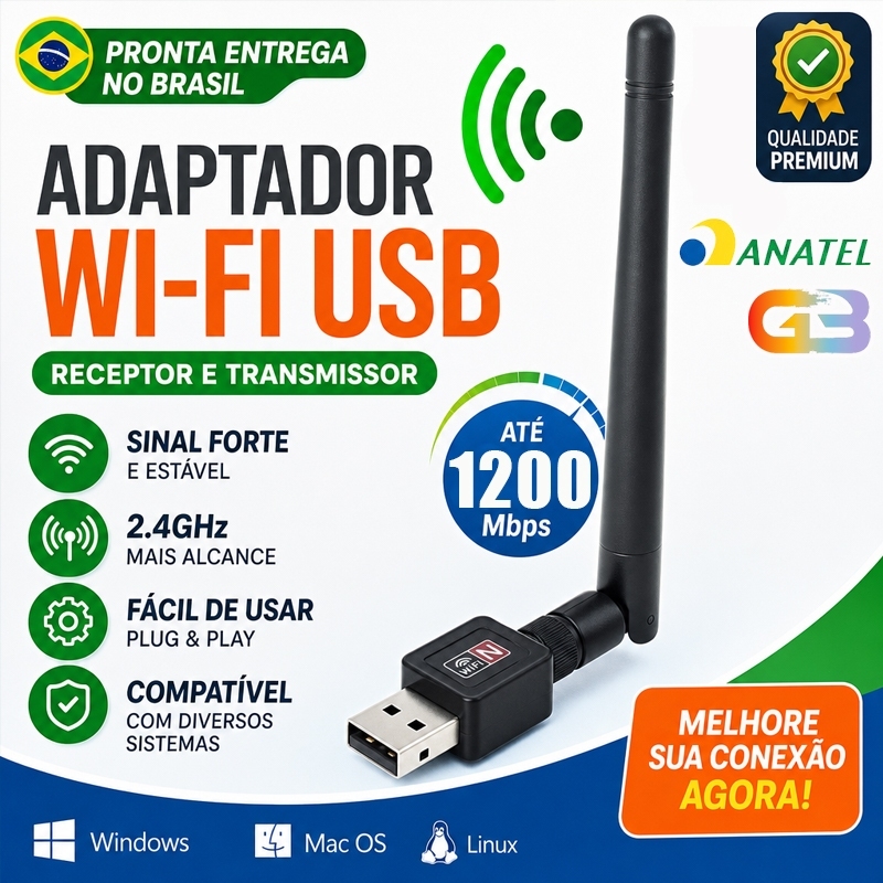 Adaptador WiFi USB de Dupla Banda 1200mbps Conexão de Alta Velocidade e Estável em 2.4GHz AL-C818