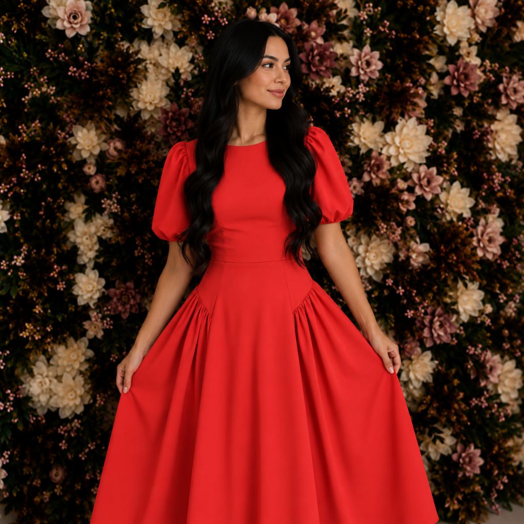 Vestido Midi Alfaiataria Manga Bufante com Laço Feminino ES-VES-049