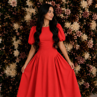 Vestido Midi Alfaiataria Manga Bufante com Laço Feminino ES-VES-049