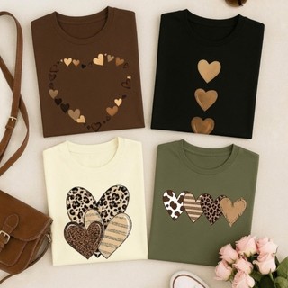 Kit 4 Camisetas Femininas Algodão T-shirt Corações e Oncinha Blusa Feminina Estampada Manga Curta Verde Militar
