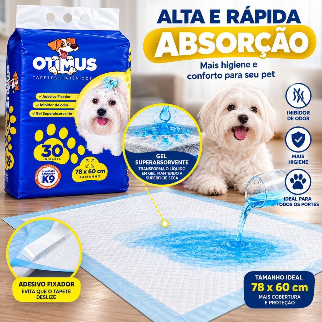 Tapete Higiênico para Cachorro 78x60cm 30 Unidades Super Absorção Otimus Confortável