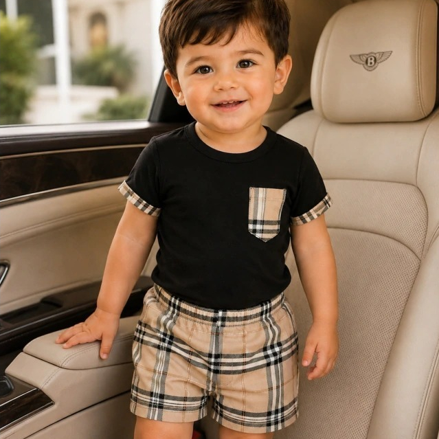Conjunto Infantil Menino 2 Peças Camiseta Preta + Short Xadrez Bege | Look Menino Estiloso