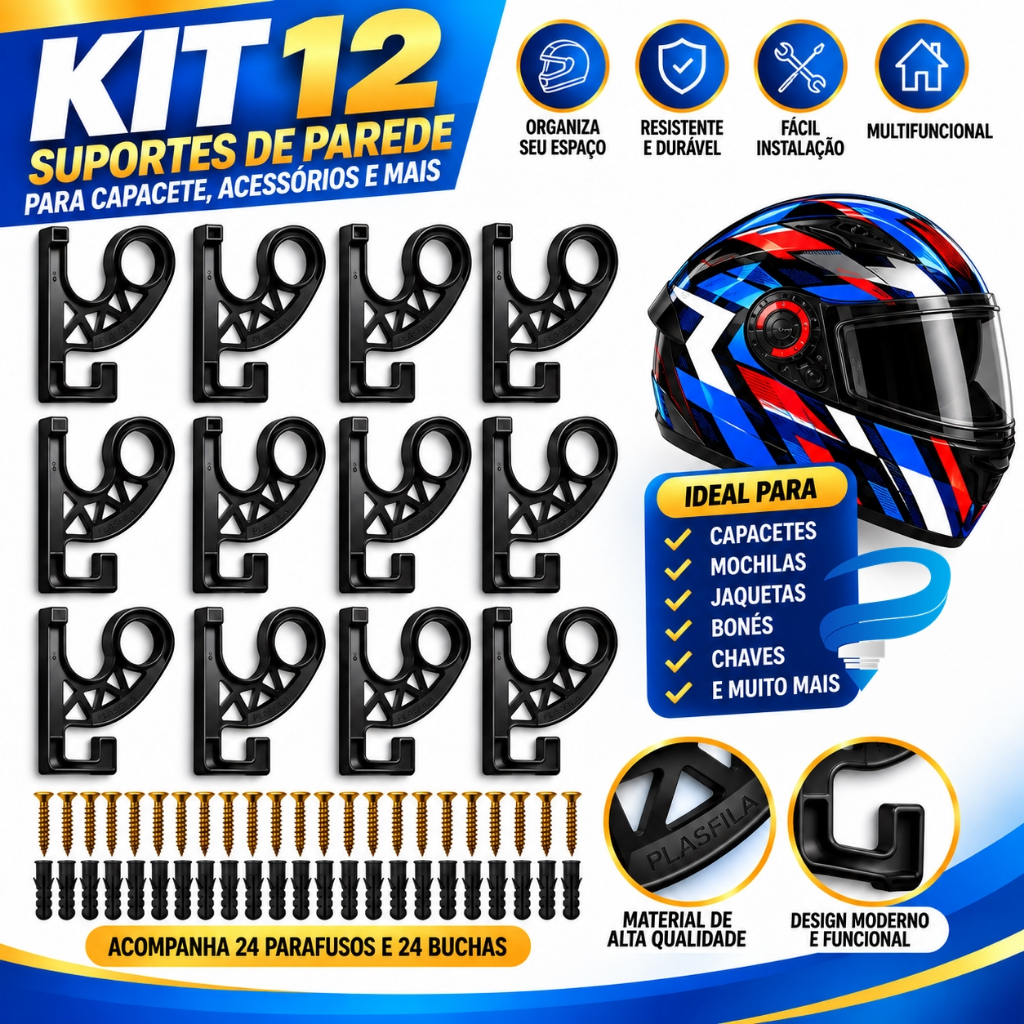 Kit 12 Suportes Gancho Parede Capacete Moto Bike Organizador Boné Mochila Jaqueta Chaves Acessórios Garagem Oficina Casa