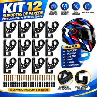 Kit 12 Suportes Gancho Parede Capacete Moto Bike Organizador Boné Mochila Jaqueta Chaves Acessórios Garagem Oficina Casa