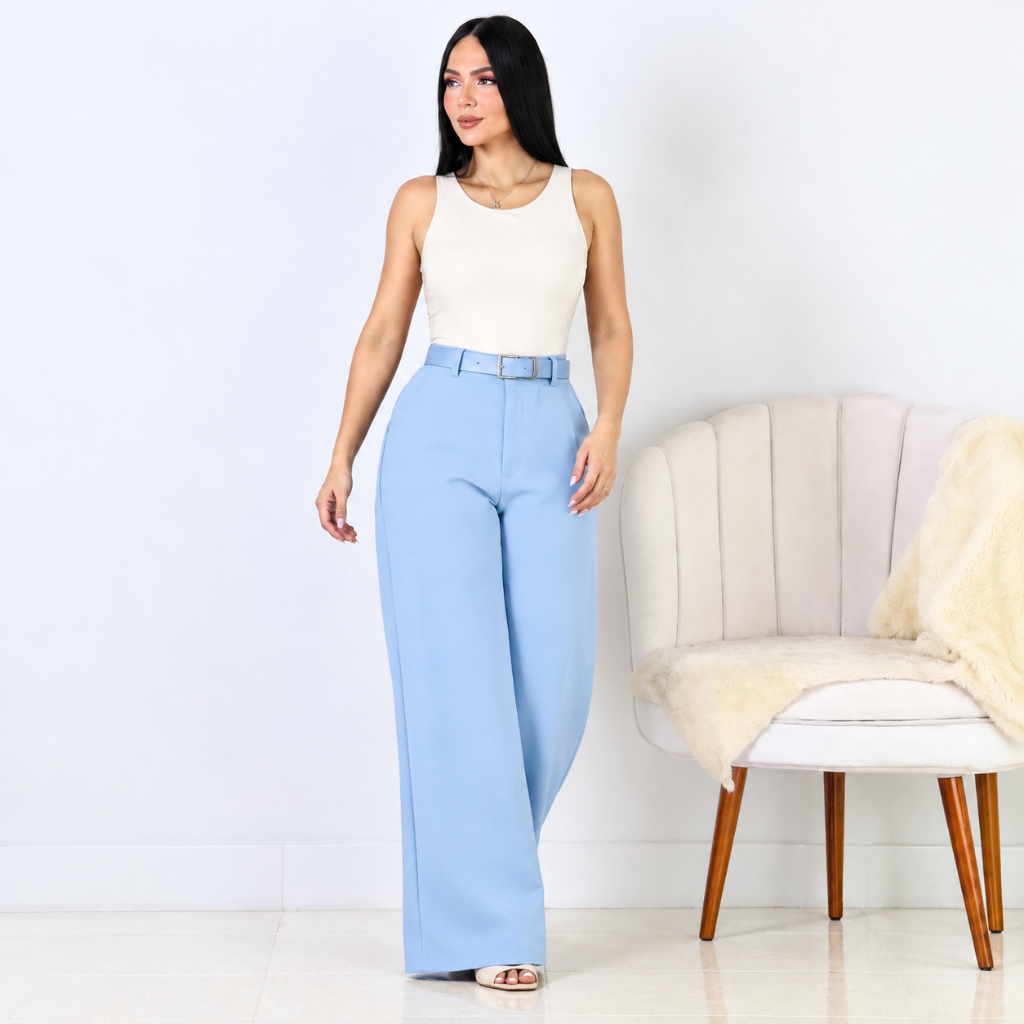 Calça Pantalona Feminina Alfaiataria Cintura Alta Com Cinto Bolsos Zíper Social Elegante Trabalhada Tendência Blogueira