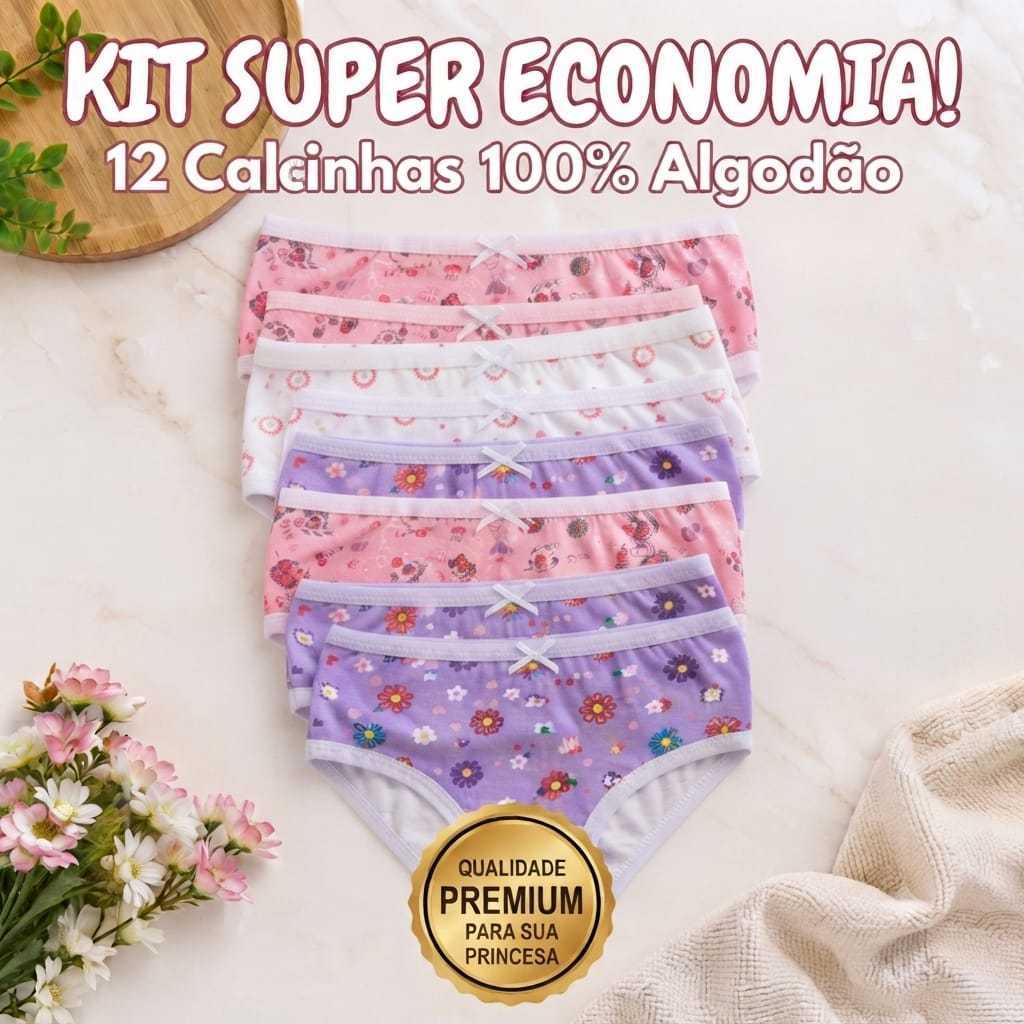 Kit 12 Calcinhas Tanga Infantil Menina 100% Algodão - Kit Sortido com Estampas Divertidas (Envio Imediato!)