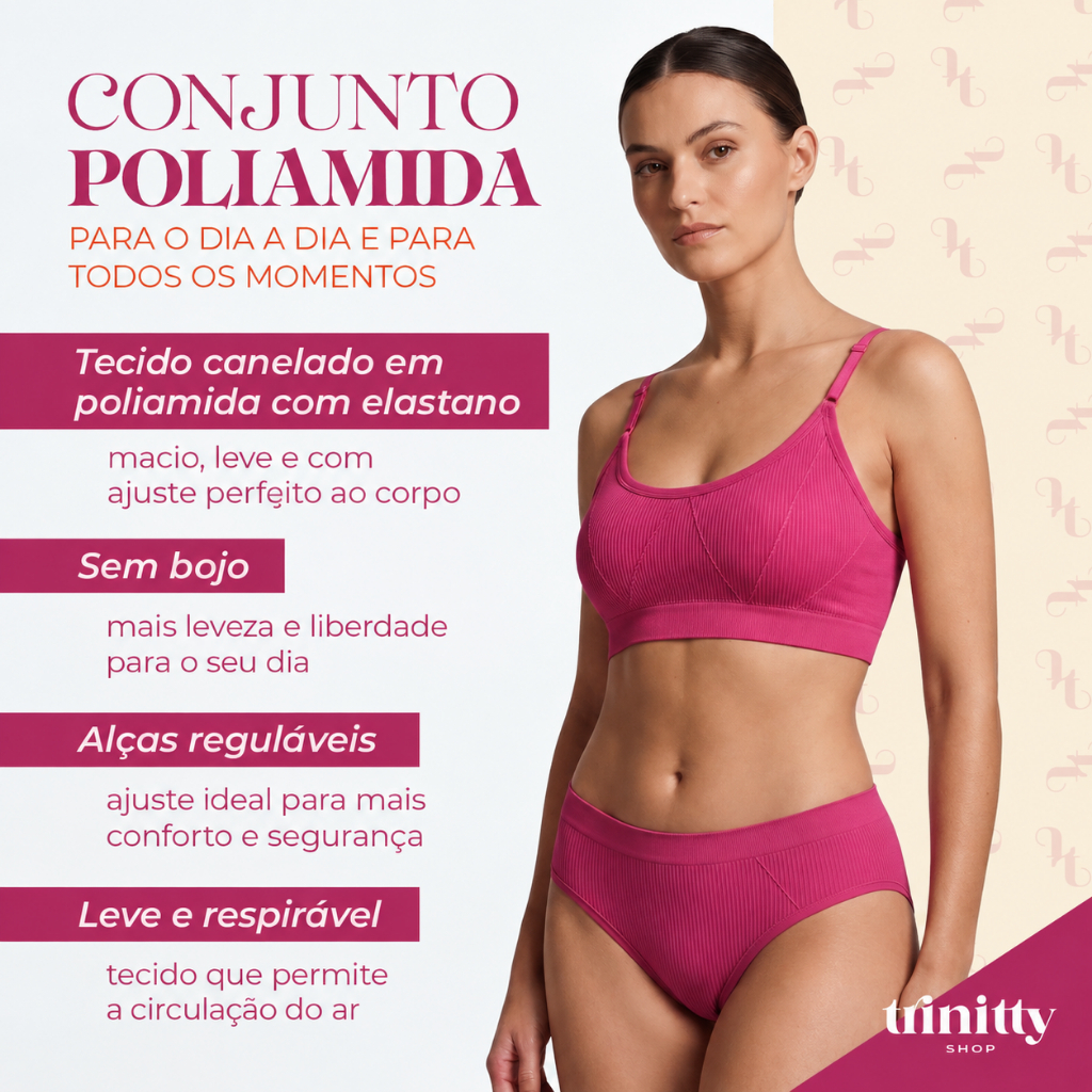 Conjunto Calcinha e Sutiã Top Canelado Sem Bojo Poliamida Feminino