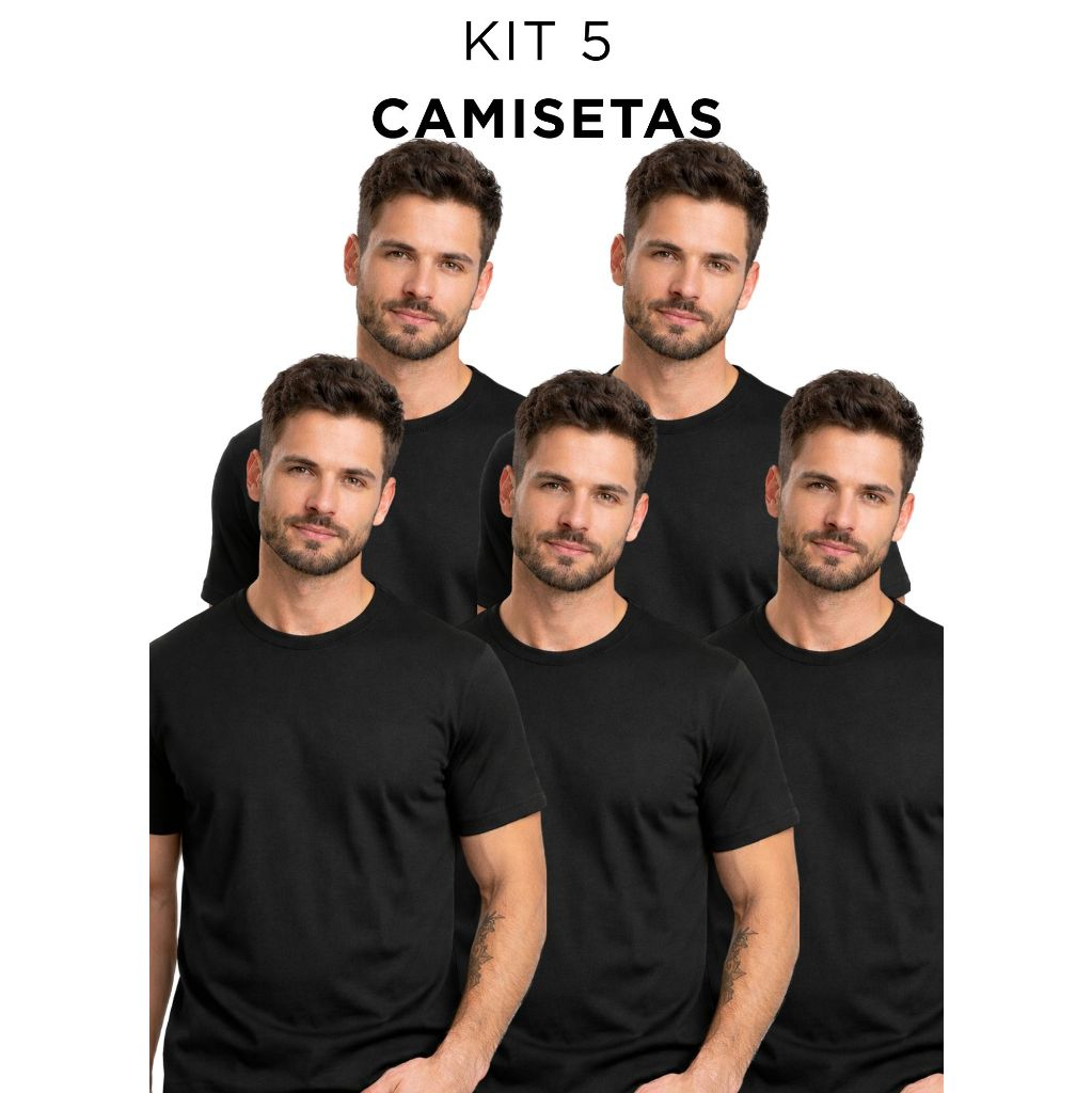 Kit 5 Camisetas Masculinas Básicas Lisa Branca ou Preta 100% Algodão