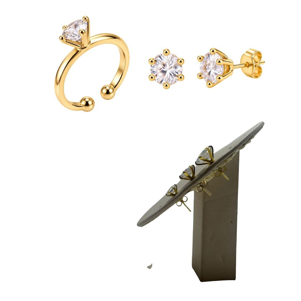 Kit Trio Brincos Ponto de Luz + Anel Ajustável Zircônia Dourado Degradê 6mm 9mm 10mm Conjunto Feminino Ear Party