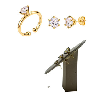 Kit Trio Brincos Ponto de Luz + Anel Ajustável Zircônia Dourado Degradê 6mm 9mm 10mm Conjunto Feminino Ear Party
