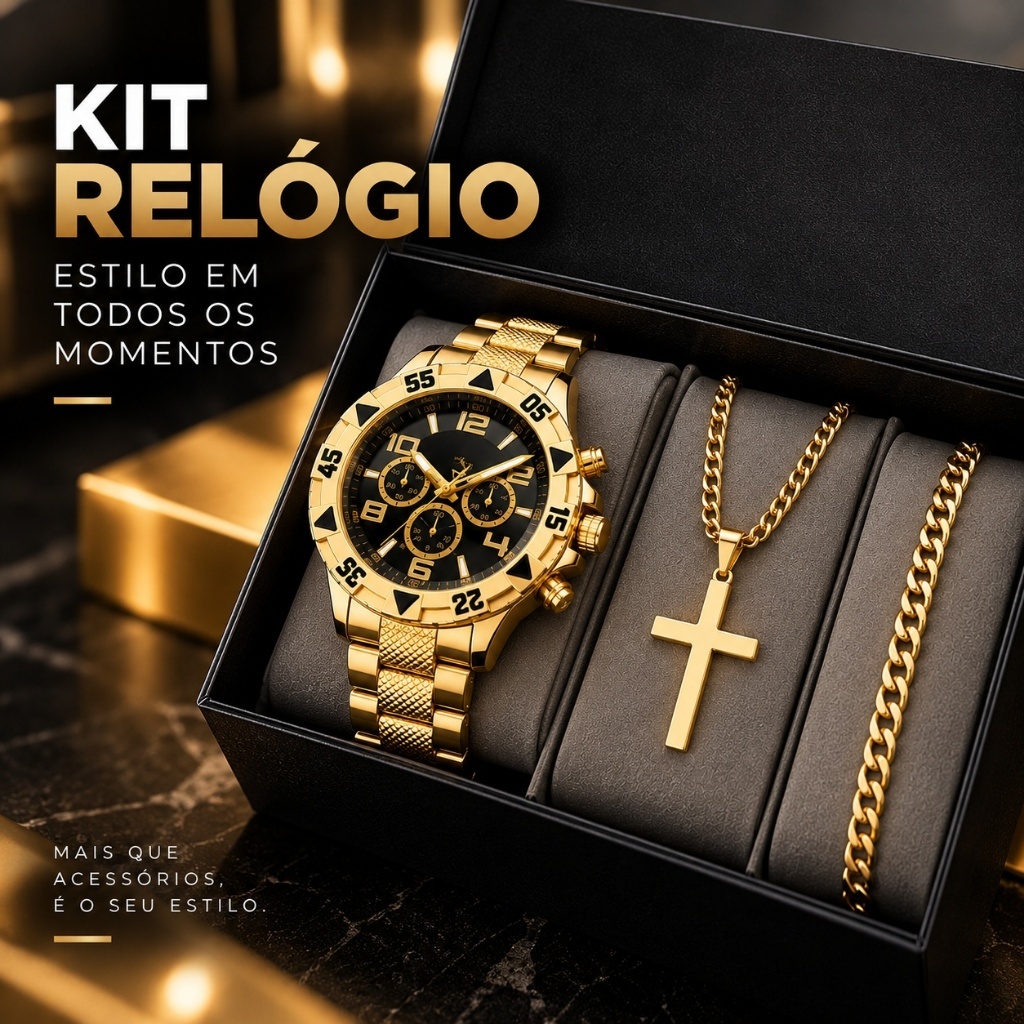 Kit Relógio Masculino Aço Inox Com Corrente Cruz e Pulseira de Aço Inox