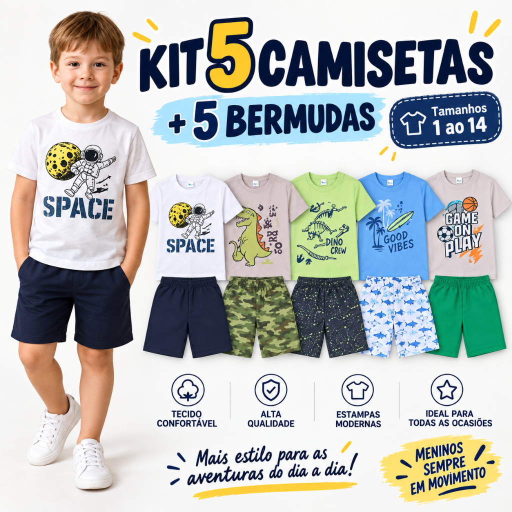Kit 5 conjuntos 10 peças Infantis Masculinos 100% Algodão Blusa Gola Redonda Estampada Shorts Com Cordão Verão