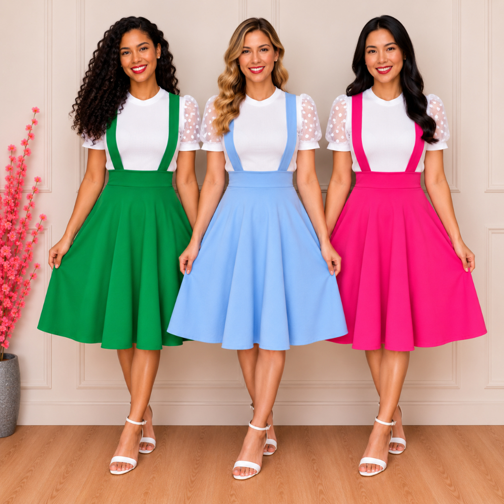 Salopete Adulta SOB ENCOMENDA!! Godê Saia Rodada com Suspensório Vestido Feminino Midi Moda Evangélica