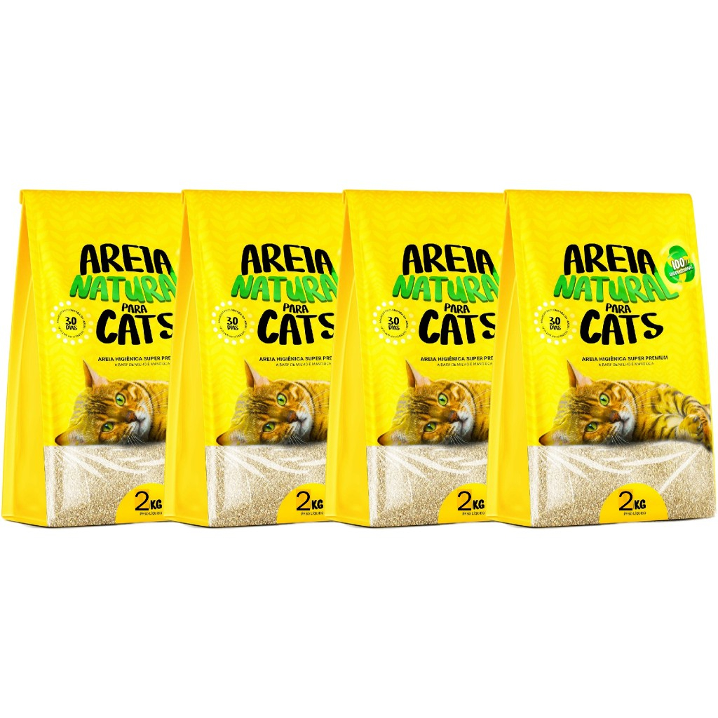 Areia Higiênica Natural Biodegradável Gatos Tiger Cats 2kg forma torroes firmes instantâneos kit 4unids