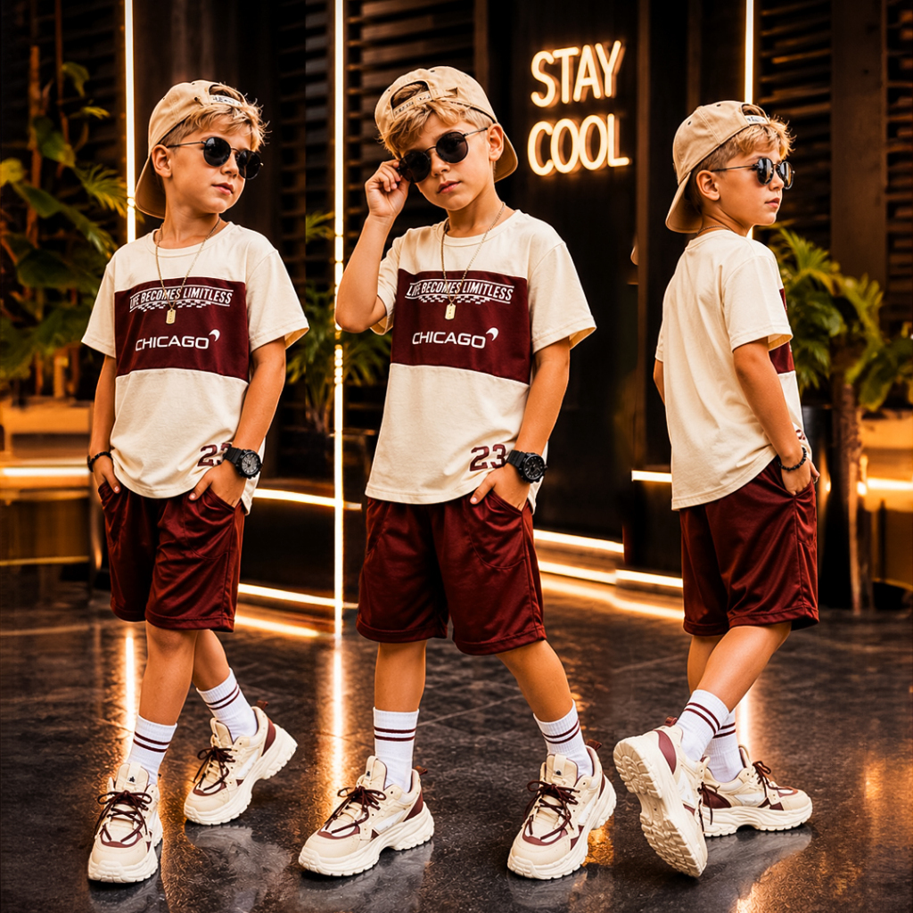 Conjunto Infantil Menino Estiloso Verão Lançamento Juvenil  Camiseta e Bermuda Veste Do 2 ao 12 anos