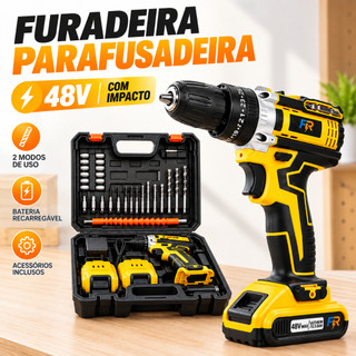 Parafusadeira Furadeira Sem Fio 48V Lítio Kit Maleta Acessórios Luz LED Uso Doméstico