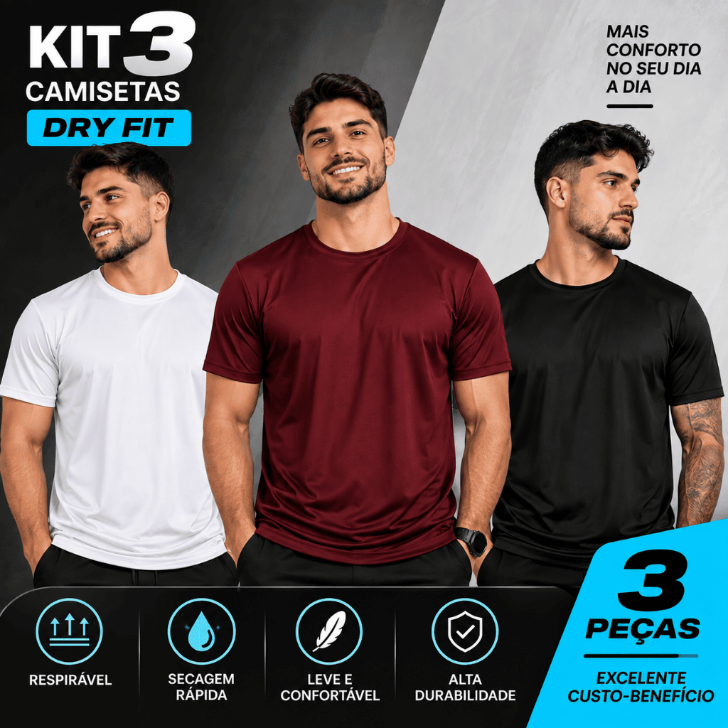 Kit 3 Camisetas Masculinas Dry Fit Lisas Confortáveis Esporte Academia QUALIDADE