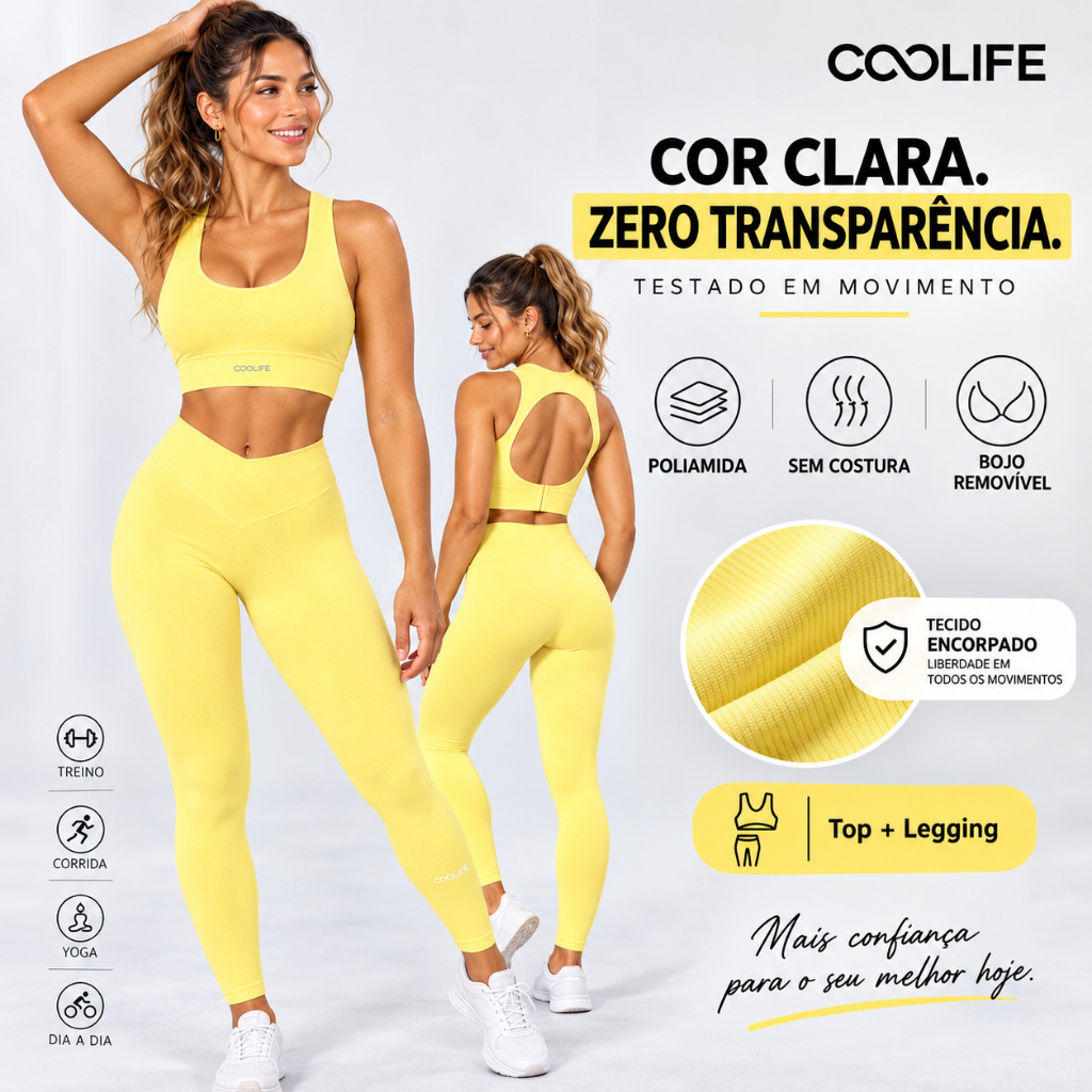 Conjunto Fitness Feminino Amarelo Top e Legging Poliamida Zero Transparência Sem Costura Cós Alto Bojo Removível COOLIFE