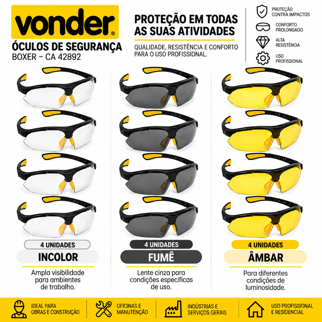 Kit 4 un. Óculos De Segurança Proteção Trabalho Epi Vonder Anti Risco Preto Ambar Transparente Modelo Boxer Esportivo