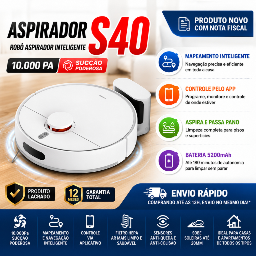 Robô Aspirador S40 10.000 Pa Inteligente WiFi Mapeamento Aspira e Passa Pano Casa Limpa