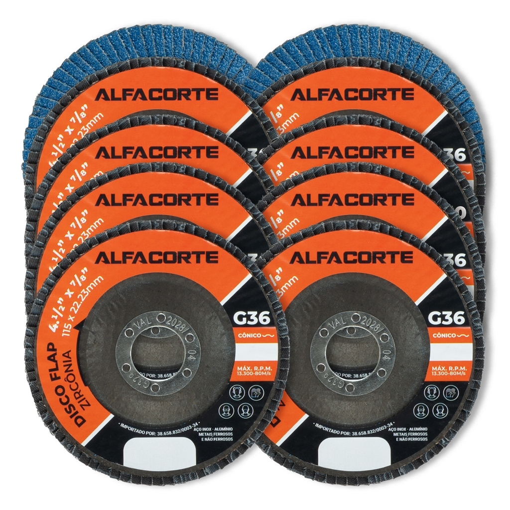 Kit 10 Disco Flap Cônico 4.1/2 Grão 36 Zircônio Azul Para Esmerilhadeira e Lixamento