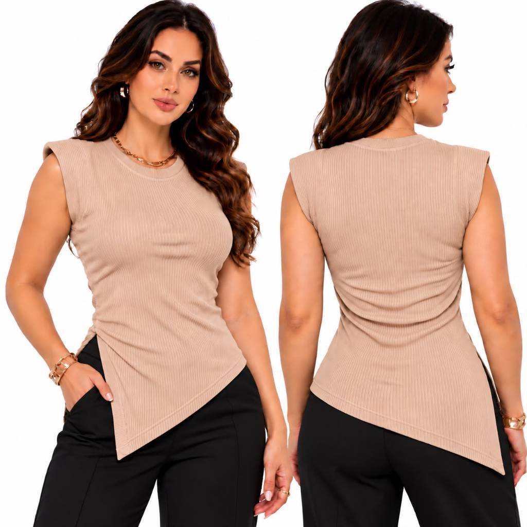 Blusa Feminina Mucle Tee Assimetrica Ponta Basica Elegante Canelada