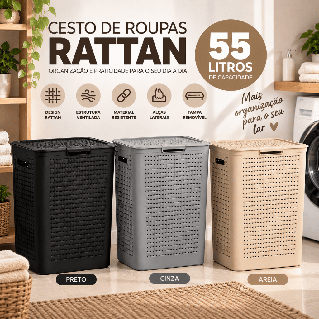 Cesto de Roupa Suja Grande 55L com Tampa Rattan para Lavanderia Banheiro Multiuso Gigante Família Luxo