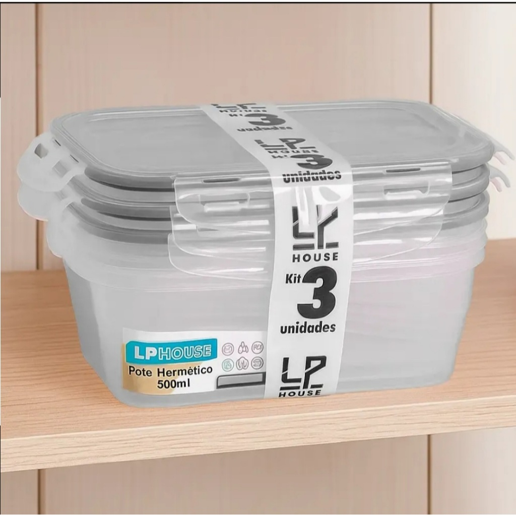 Kit 3 potes Herméticos Retangular Freezer e Microondas 500 ml