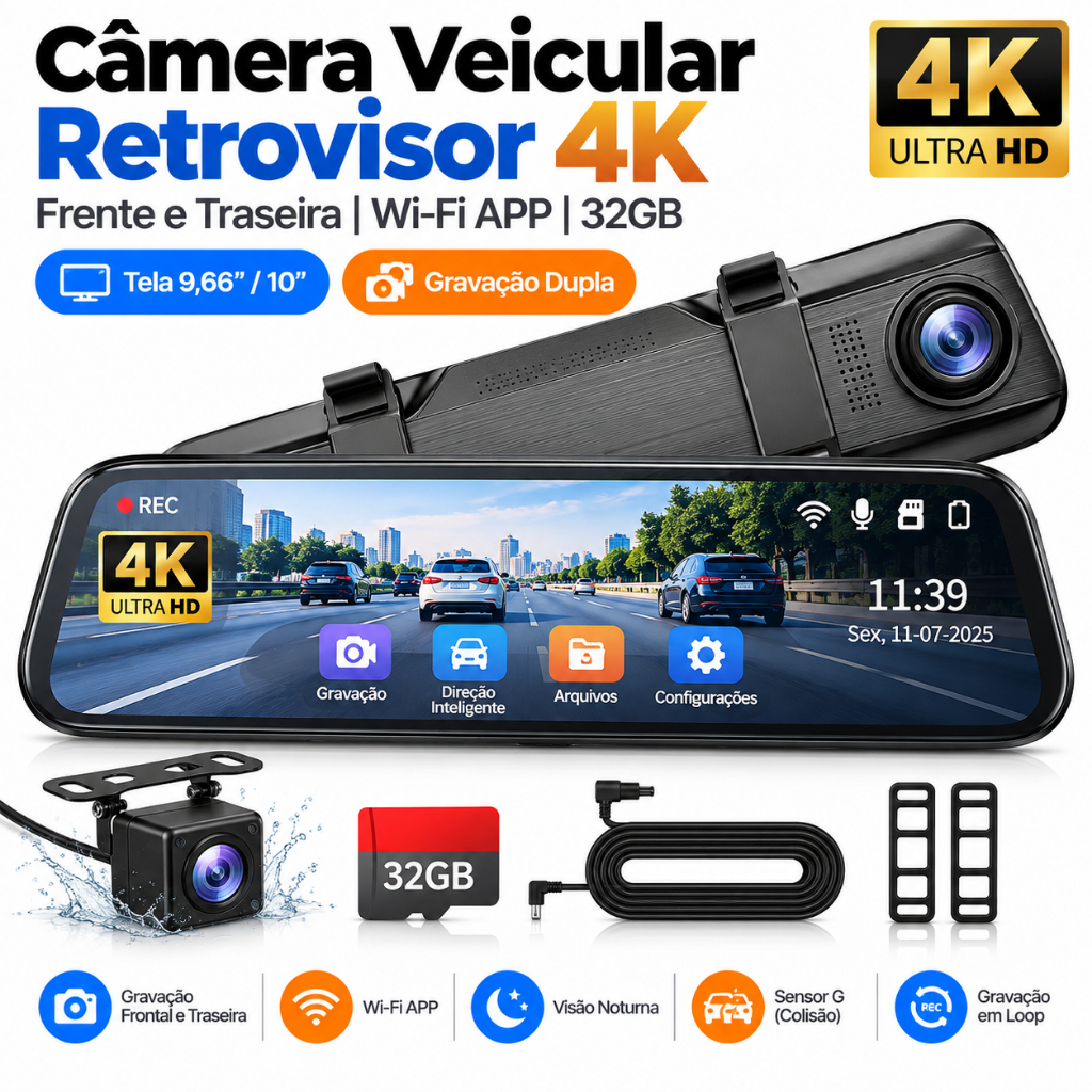 Câmera Veicular Dash Cam Retrovisor 4K Frente e Traseira Tela 10” Wi-Fi APP com Cartão 32GB
