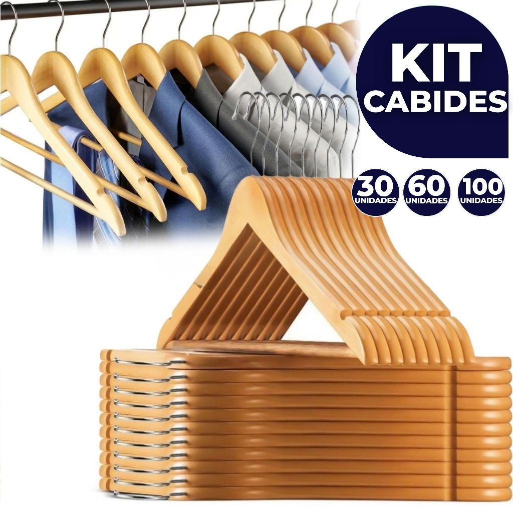 Kit Até 100 Cabides De Madeira Premium Marfim Para Roupas Calça Gancho Cromado