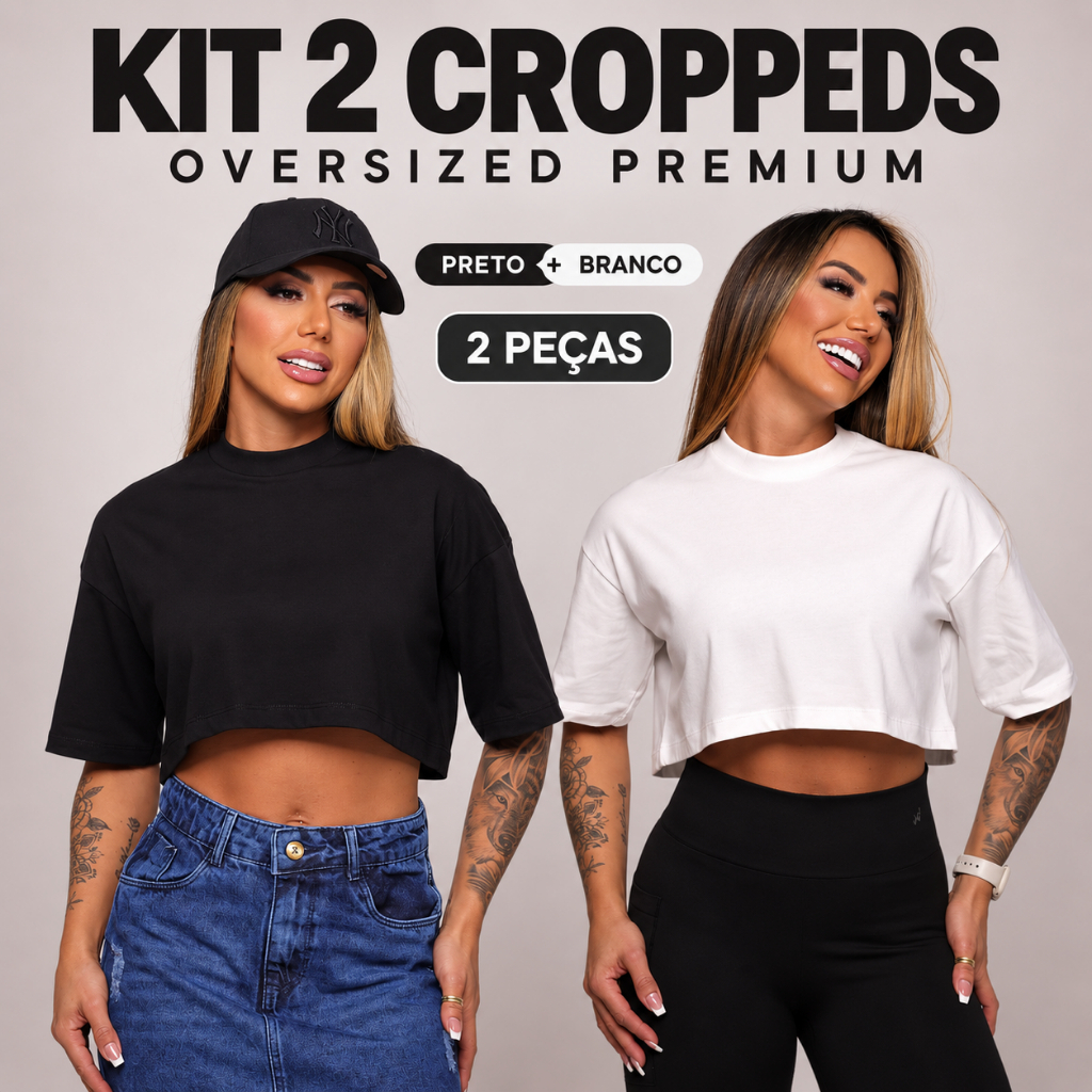 Kit 2 Croppeds Femininos Básicos Blusa Camiseta Oversized 100% Algodão penteado fitness Academia e Casual