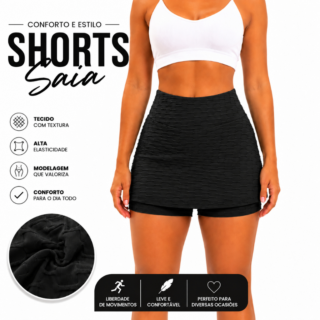 Short Saia Fitness Texturizado Cós Alto Academia Treino Corrida Caminhada Feminino