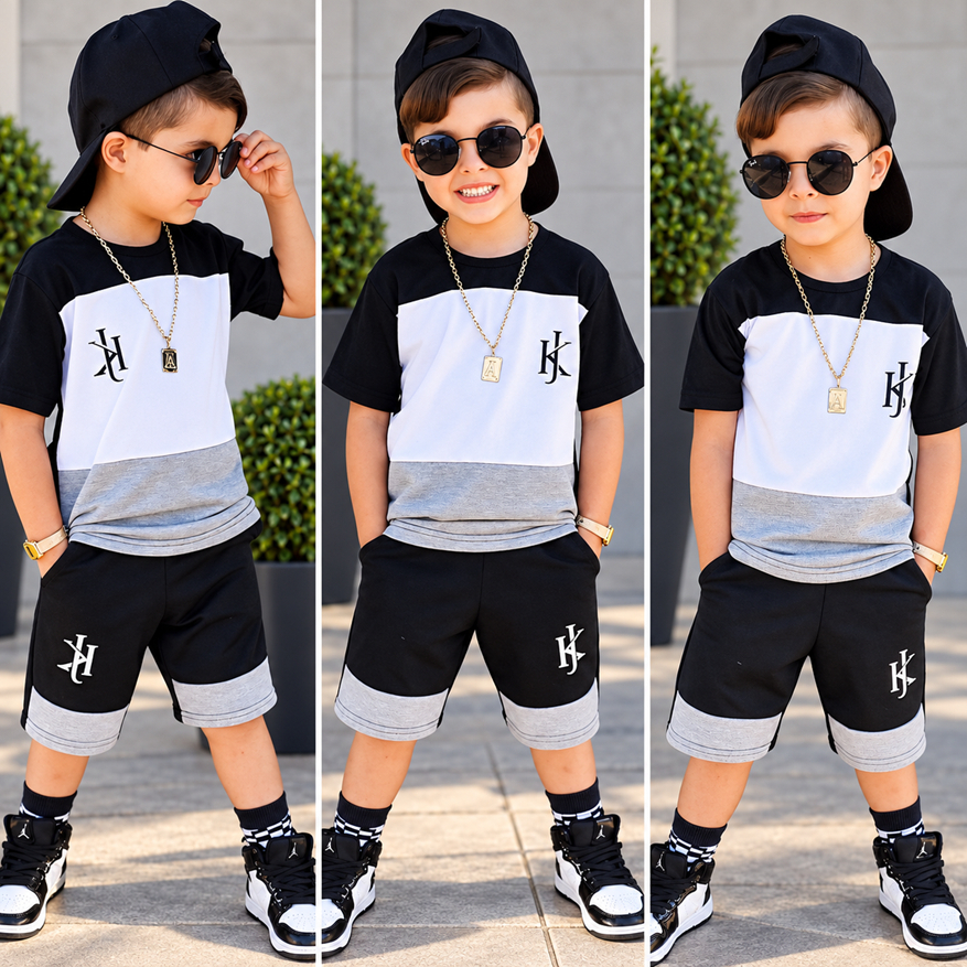 Conjunto de bermuda + camisa de Verão Roupa infantil menino juvenil - Tamanho 2 ao 12 Anos