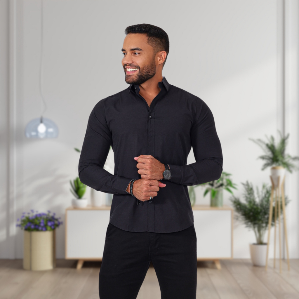 Camisa masculina social slim manga longa lisa luxo sem bolso algodão oferta não amassa e não desbota