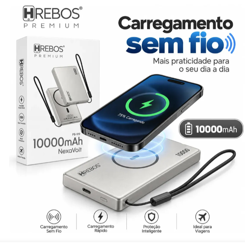 Power Bank Alumínio Magnético Portátil 10000mah Rapito 15W Compativel iPhone 12 13 14 15 16 Hrebos PB 919