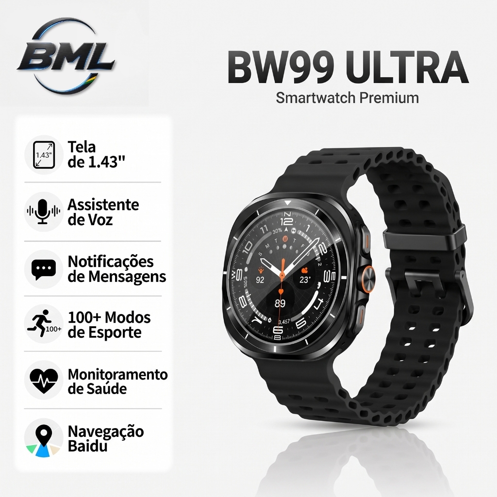 BML Smartwatch BW99 ULTRA Relógio Inteligente Masculino Esportivo Tela AMOLED Chamada Bluetooth NFC GPS Monitor Cardíaco