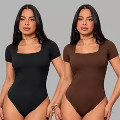 Kit 2 Body Feminino Suplex Decote Quadrado Manga Curta Confortável Leve
