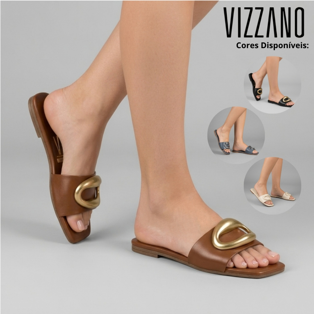 Sandália Vizzano Feminina Slip On Com Detalhe Elegante Rasteira Casual Confortável Leve Original