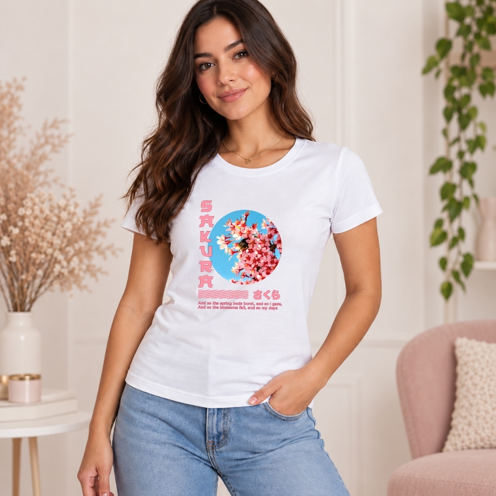 Baby Look Feminina Estampada 100% Algodão Flor Cerejeira Japão Sakura Rosas Camiseta T-Shirt Feminina Casual Confortável
