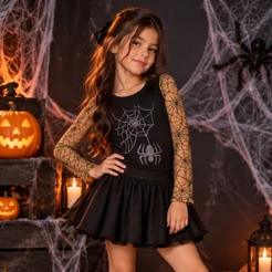Body Infantil Fantasia Tule Brilho Strass Halloween Dia das Bruxas Festa Teia Aranha