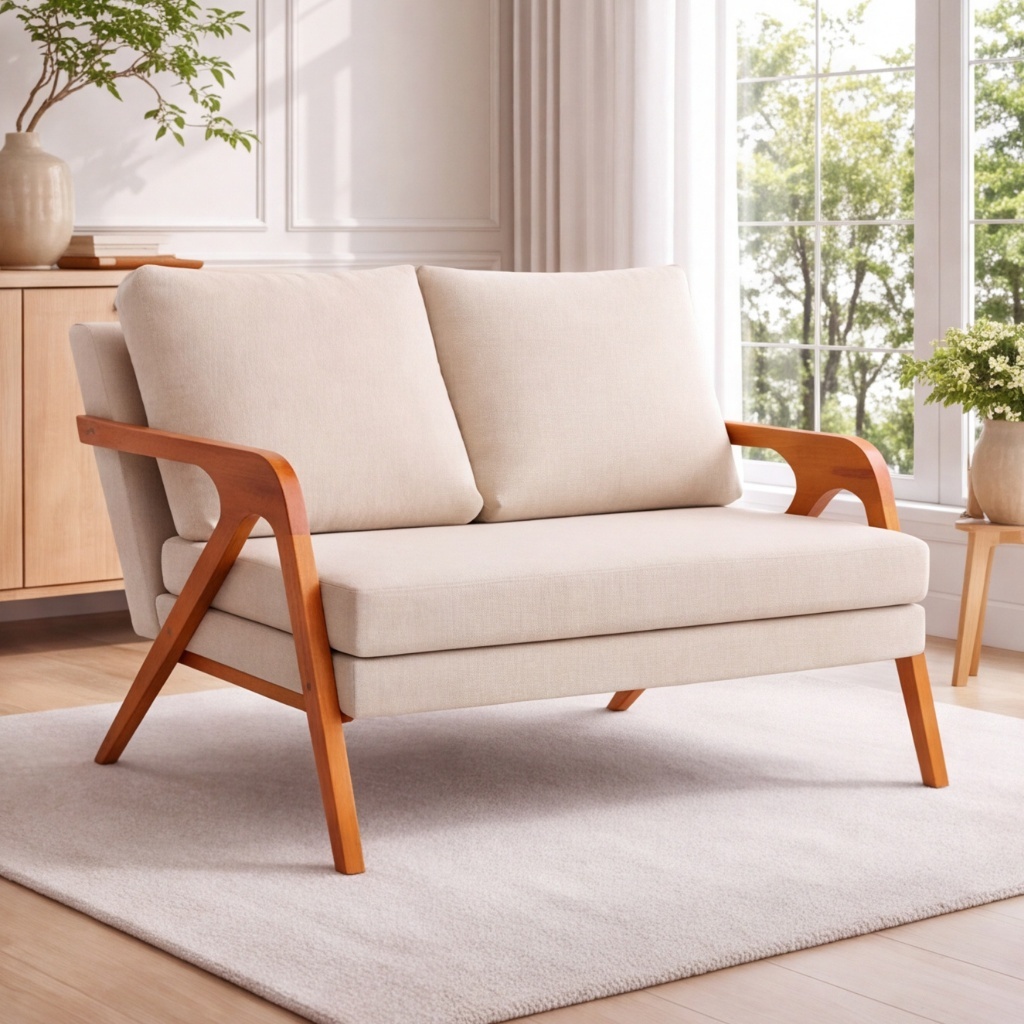 Poltrona Namoradeira Estofada Tecido Em Linho Premium Pés Em Madeira Maciça Resistente Compacto Design Moderno