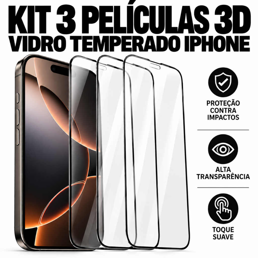 Kit 3 Películas 3D Vidro Temperado para iPhone XR 11 12 13 14 15 16 17 18 Air Pro Max Proteção Total