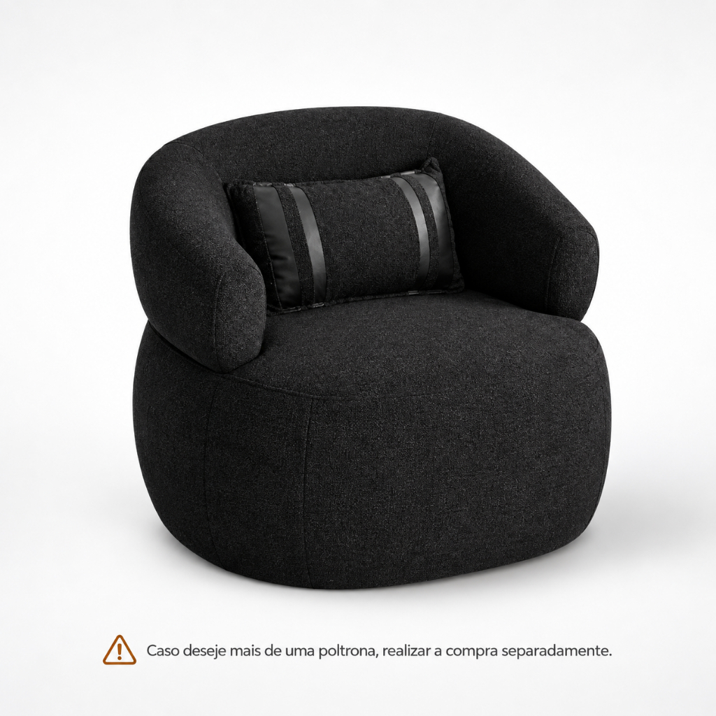 Poltrona Serena Orgânica Bouclê Preto com Almofada Sofisticada e Confortável para Sala de Estar – AV