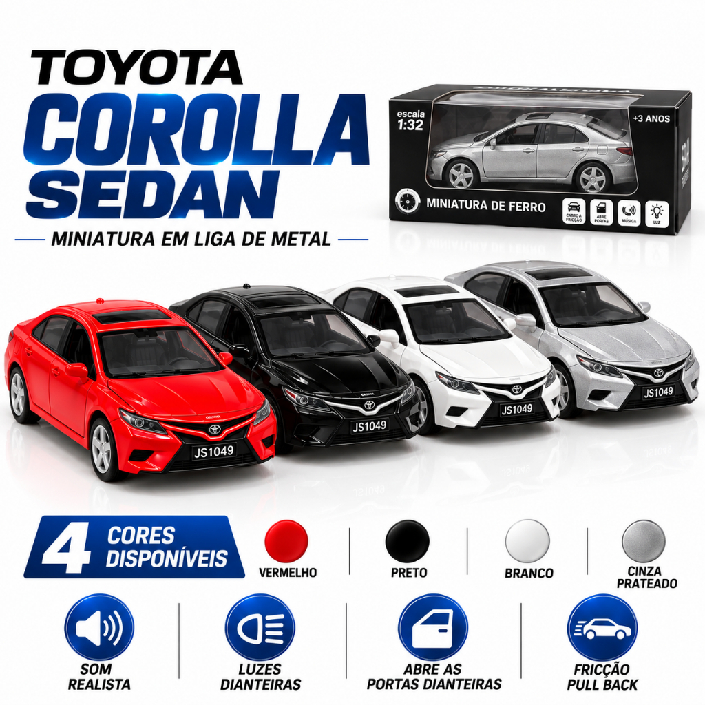 Miniatura Corolla Sedan Escala 1:32 Metal Som Luz Fricção Abre Portas Brinquedo Colecionável