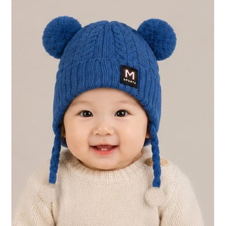 Touca de Lã Térmica desenho fofo Gorro de Tricô Infantil com Protetor de Orelha e Pompom